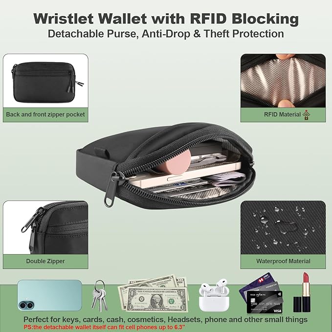 Clip and Go Strap for Phone with Wallet Crossbody, Adjustable Phone Lanyard with Detachable RFID Wristlet Wallet, Universal Phone Strap with 360° Rotatable Phone Tabs for All Phones (Black)