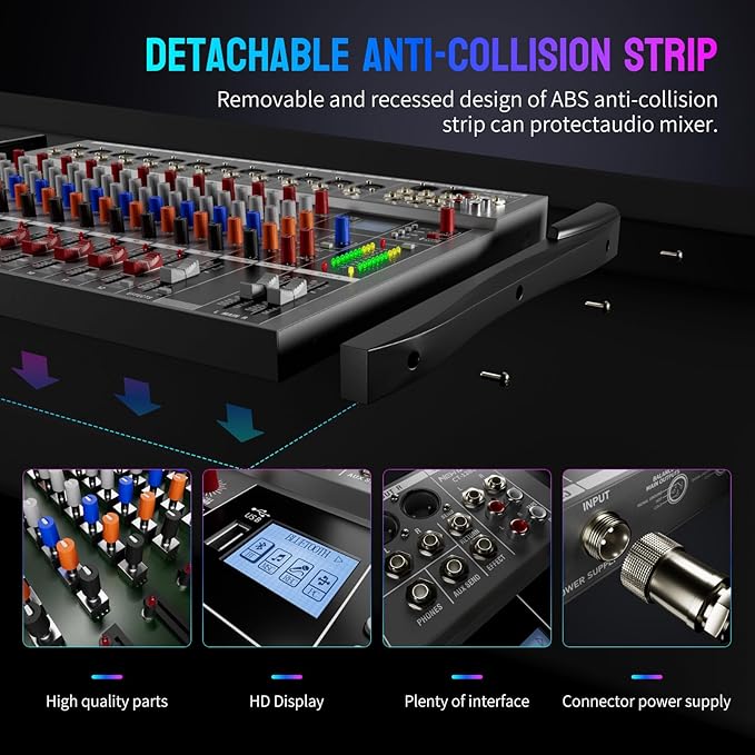 Professional DJ Audio Mixer, 12 Channel Audio Mixer, Bluetooth Sound Mixer, USB Interface, 12 XLR Mic/Line Input, AUX, FX Processor MP3, Headphone,+48V Phantom For Karaoke Studio Streaming Recording