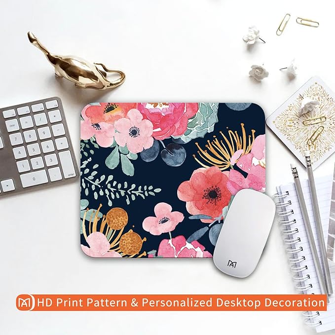 Square Mouse Pad Pink Flower, Personalized Premium-Textured Custom Mouse Mat Design, Washable Mousepad Cloth, Non-Slip Rubber Base Computer Mouse Pads for Wireless Mouse