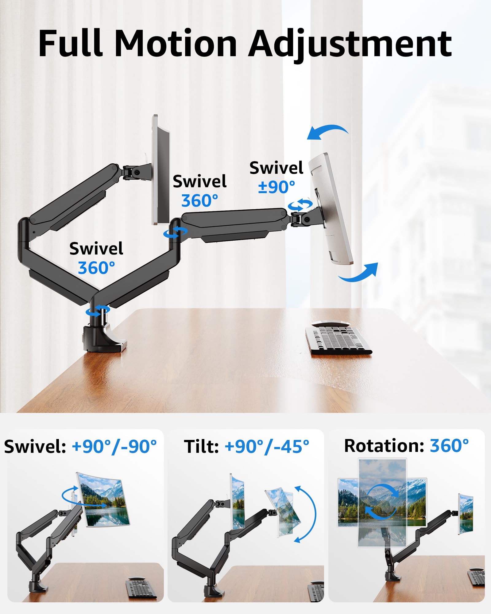 MOUNTUP Dual Monitor Mount fits 42 40 39 37 34 32 27 inch Ultrawide Screen, Holds 6.6-33lbs, Dual Monitor Arm Desk Mount, Heavy Duty Monitor Stand for 2 Monitors, with Clamp/Grommet Base