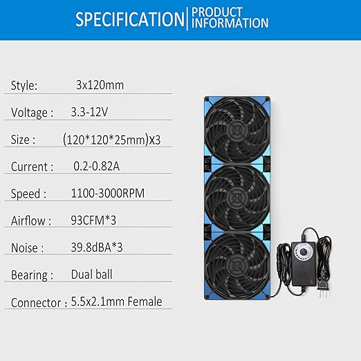 120mmx3 360mm Adjustable Computer PC Vent Fans 3-12V Speed Controller for Chicken Coop Rack Space Window Wall Cabinet Server Mining Rig Exhaust Cooling