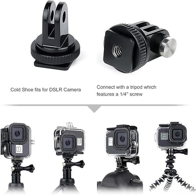Waterproof Housing Case for GoPro Hero 8 Black - 60M(196ft) Protective Underwater Diving Shell Mount with 2 Cold Shoe Adapters Bracket Accessories Action Camera