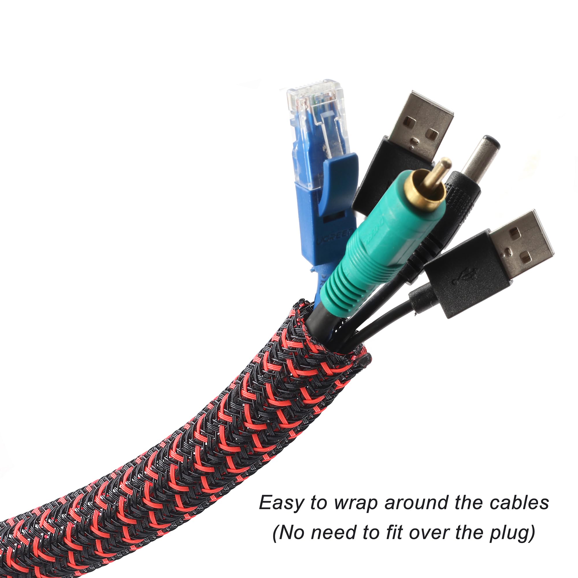 CrocSee Cable Management Sleeve, Split Design, 10FT - 1/2 Inch, Black/Red