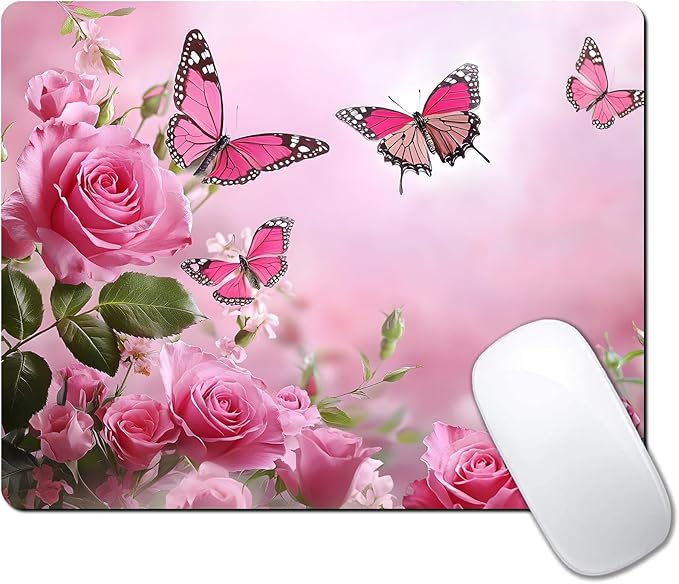 Cute Butterfly Pink Rose Flower Custom Mouse Pad with Non-Slip Rubber, Small Square Design for Wireless Laptop & Computer Mouse Pads for Desk, 9.5 x 7.9 inch Smooth Surface for Gaming & Office