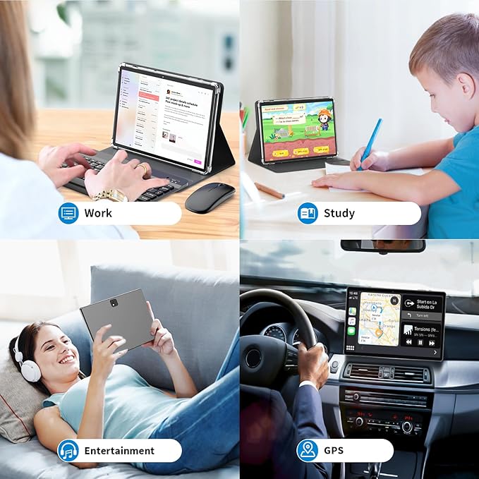 Android Tablet with Keyboard, Android 14 Tablet, 12(6+6) GB+128GB, 1TB Expand, 2 in 1, Mouse, Stylus, 8000mAh Battery, 2.4G/5G WiFi, GPS, Green Case
