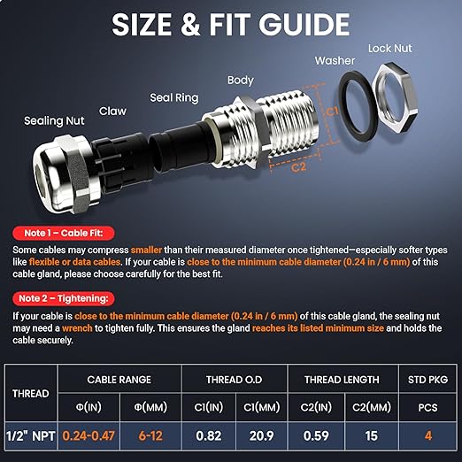 QILIPSU 10pcs 1/2" NPT 304 Stainless Steel Cable Gland Long Thread Waterproof IP68 Metal Strain Relief Cord Grip Cable Pass Through Wire Connector