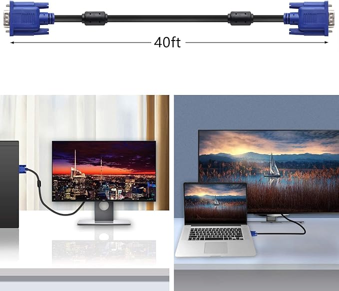 PASOW VGA to VGA Monitor Cable HD15 Male to Male for TV Computer Projector (40 Feet)