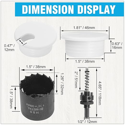 1-1/2" White Desk Grommet with Bi-Metal Hole Saw, JTemgle Plastic Cable Hole Cover Computer Table Cord Wire Organizer Caps, Desktop Cord Management for Home Office TV Stands Tabletops, 13 Pieces