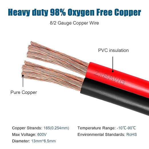 8 Gauge Wire 2 Conductors Copper Wire, 8 AWG Battery Cable Oxygen Free Copper Wire for Solar Panel, Automotive, Trailer, RV and Speaker (8 Gauge 10FT)