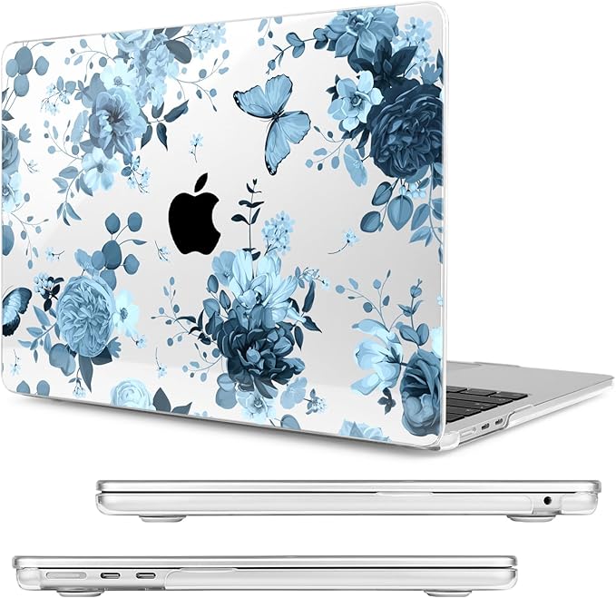 Compatible with MacBook Air 13.6 inch Case, M4 A3240/M3 A3113/M2 A2681 (Released 2025 to 2022), Hard Shell, Keyboard Cover, Screen Protector, Webcam Cover & Type-C Adapter, Blue Flowers