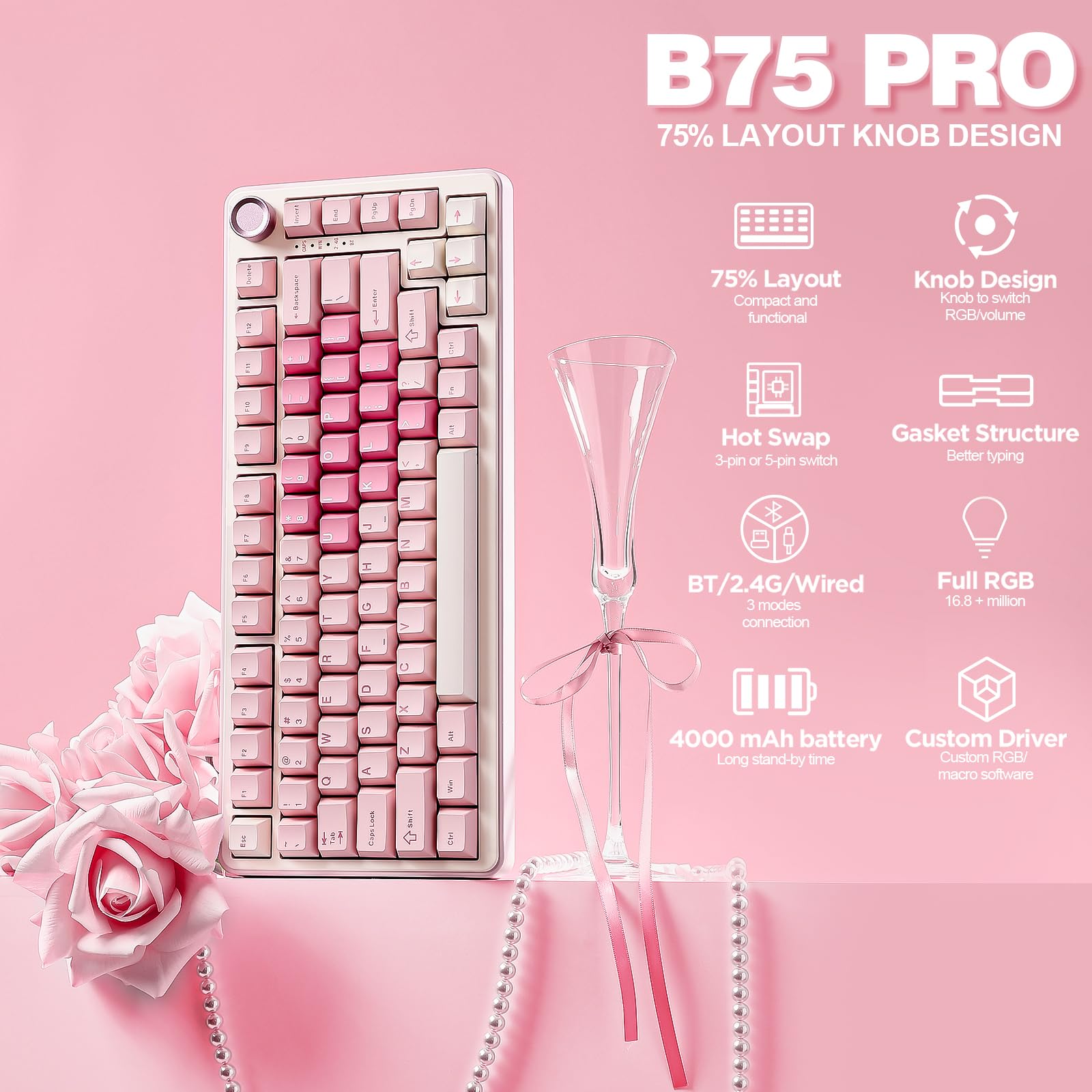 YUNZII B75 PRO 75% Wireless Mechanical Keyboard (Pink, Cocoa Cream V2)