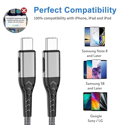 Durcord 2Pack 10ft USB C Charger Cable - 100W Fast Charging for Android/Phone/Pad, Type C to Type C Compatible with iPhone 16/15 Pro Plus Max Silver