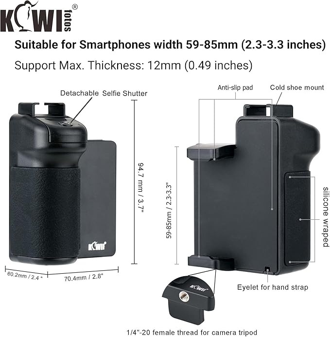 KIWIFOTOS Phone Camera Grip Handle Holder Phone Tripod Mount with Detachable Remote Shutter & Cold Shoe Adapter for iPhone 14 15 16 Pro Max Samsung Smartphone Selfie Vlog Video Shooting, Black