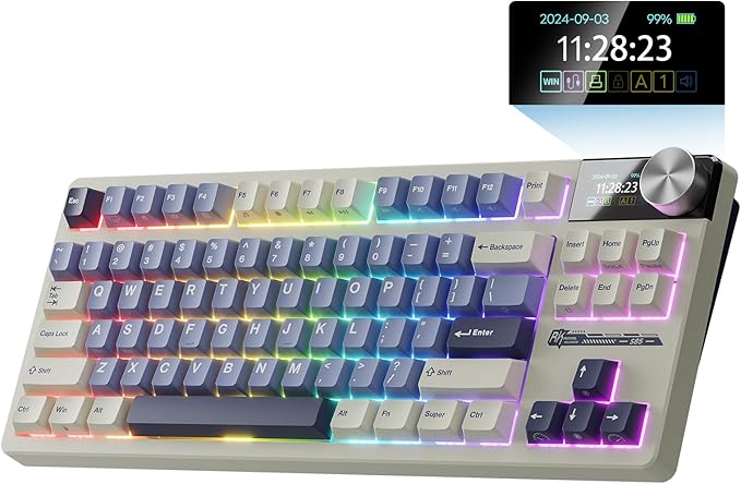 RK ROYAL KLUDGE S85 Wireless Mechanical Keyboard, 85% Wireless TKL Keyboard with Display & Ratchet Knob, Custom Linear Silent Switches, Triple-Mode, 7200mAh Battery, Hot Swappable