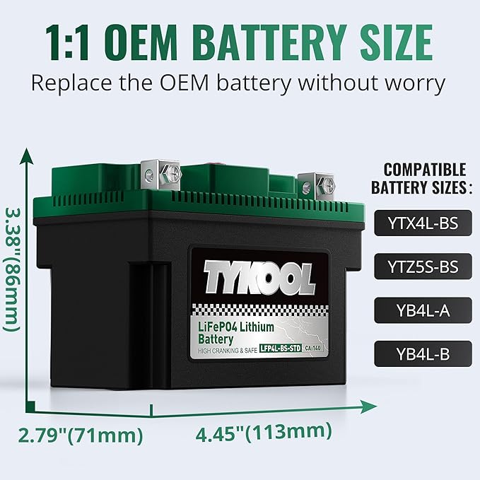 TYKOOL YTX4L-BS YTZ5S Lithium LiFePO4 Motorcycle Battery,2X Cranking Amps 140A,5X Longer Life,Fits for Scooter and Moped, Go kart, ATV,Dirt bikes,4 wheeler, hongda Grom,Snapper walk behind lawn mower