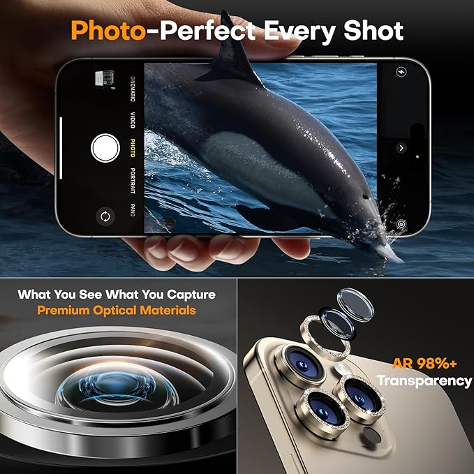 Camera Lens Protector for iPhone 16 Pro Max/16 Pro/15 Pro Max/15 Pro/14 Pro Max/14 Pro, Sapphire Glass Metal Individual Camera Cover Screen, Anti-drop, Case Friendly- Glitter Natural Titanium