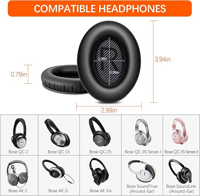 Replacement Ear Pads for Bose QC45/35/25/15/QC2/Ae2/Ae2W/Sound Link/Sound True Headphones,Softer Leather,Noise Isolation Memory Foam,Added Thickness,Durability,Quiet Comfort (Black, a Pair)