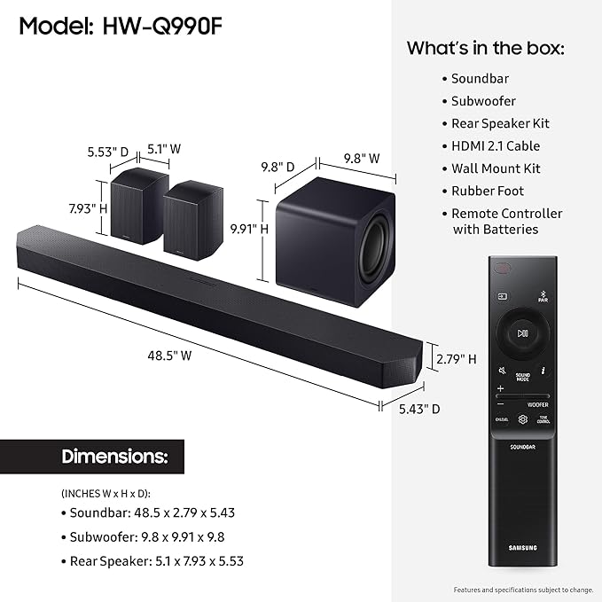 Samsung Q990F 11.1.4ch Q Series Subwoofer + Rear Speaker, Wireless Dolby Atmos, Q-Symphony, Game Mode Pro, Adaptive Sound (HW-Q990F, 2025)