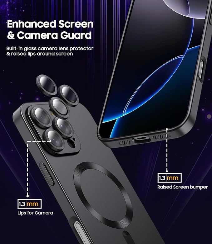 Magnetic for iPhone 16 Pro Case [Compatible with MagSafe][Built-in Camera Lens Protector] Slim Soft Silicone Bumper Shockproof Metallic Luster Phone Case (Black)