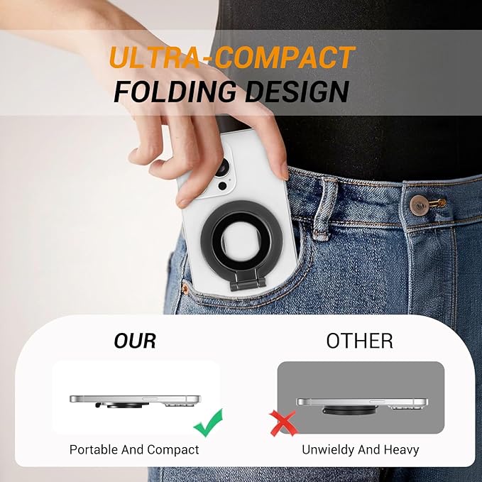 Magnetic Ring Holder Grip, Adjustable Magnet Phone Ring Stand, Multi-Angle Stability Kickstand, Strong Double Sided Magnetic Phone Grip, with Magnet Ring for Phone Case, Black