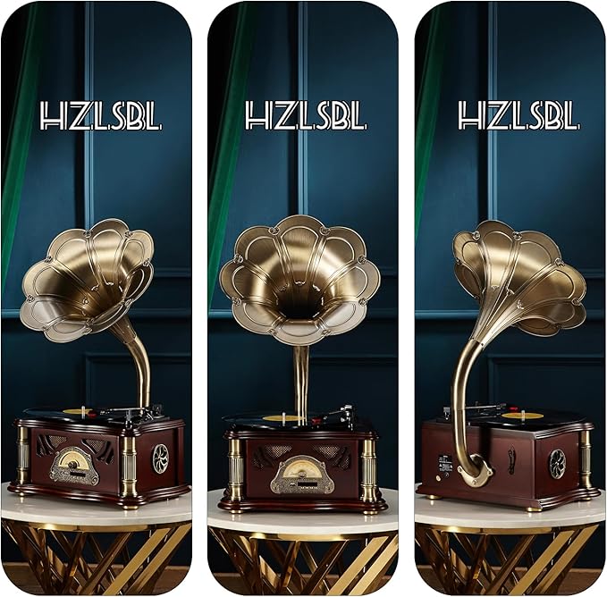 Vintage Gramophone with Bluetooth Output Vintage Record Players Retro Gramophone Turntables for 7" 9" 12" Vinyl Records 3 Speed, Hi-Fi, Handcrafted by Pure Oak(White Gold)