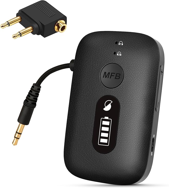 SIMOLIO Airplane-Bluetooth-Adapter for AirPods/Headphones, 20 Hr Battery, Supports 2 Earbuds/Wireless Headphones, 3.5mm AUX Wireless Audio Transmitter for TV, Gym Equipment, Controller, MP3 Player