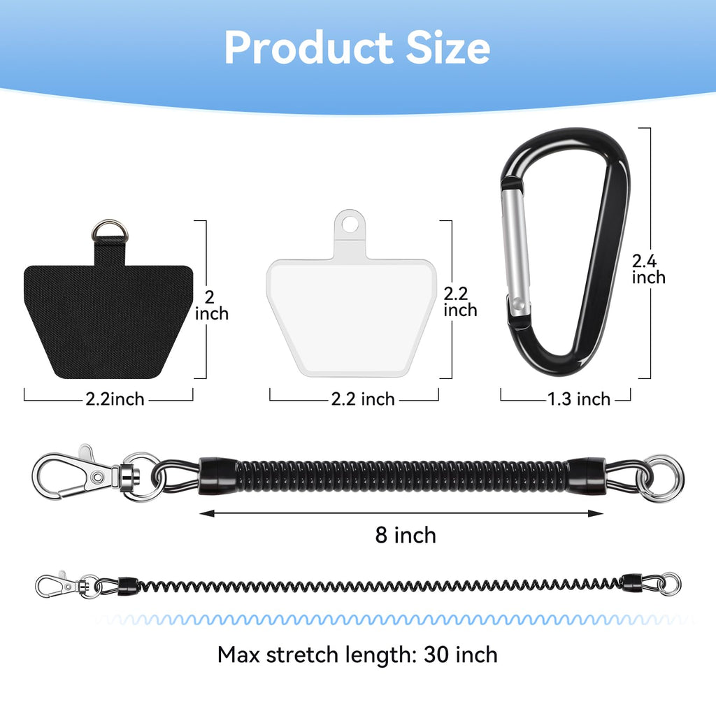 SHANSHUI Phone Lanyard Tether, Anti Theft Spring Phone Strap, 4 x Phone Pacthes & Climbing Hook Universal Phone Lanyard for Keys Outdoor Skiing Hiking Fishing Fitting for All Smartphones - 2PCS Black