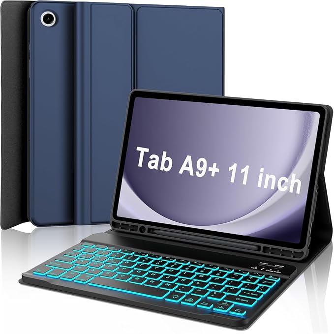 Keyboard Case for Samsung Galaxy Tab A9 Plus 5G 11 inch 2023 (SM-X210/X216/X218), 7 Color Backlit Detachable Keyboard Bluetooth, Smart Folio Cover with S Pen Holder for Galaxy Tab A9+ 11"（Dark Blue