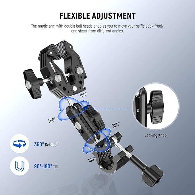 NEEWER Motorcycle Camera Mount Kit, Bicycle Handlebar Invisible Selfie Stick, 360° Ball Heads, Super Clamps & Cleaning Cloth, Compatible with GoPro Insta360 DJI AKASO Action Cam Video Recording, GP-30