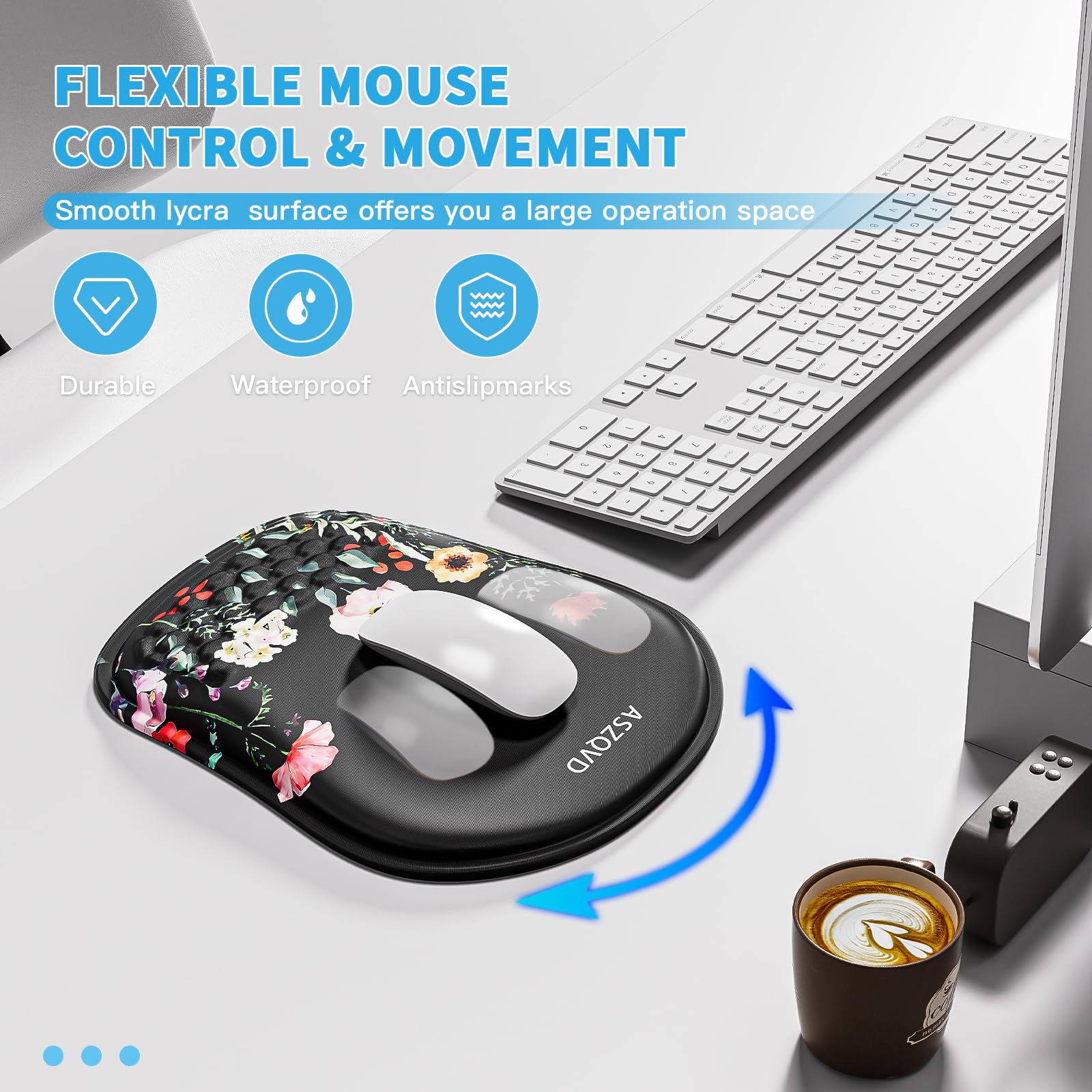 Aszqvd Mouse Pad with Wrist Rest, Ergonomic Mousepads with Wrist Support, Soft Lycra Fabric Memory Foam Office Desk Accessories for Comfort/Pain Relief/PC Gaming/Computer/Laptop (Black Flower)
