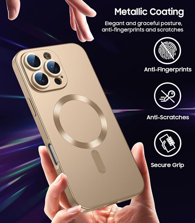 Magnetic for iPhone 16 Pro Max Case [Compatible with MagSafe][Built-in Camera Lens Protector] Slim Soft Silicone Bumper Shockproof Metallic Luster Phone Case (Gold)