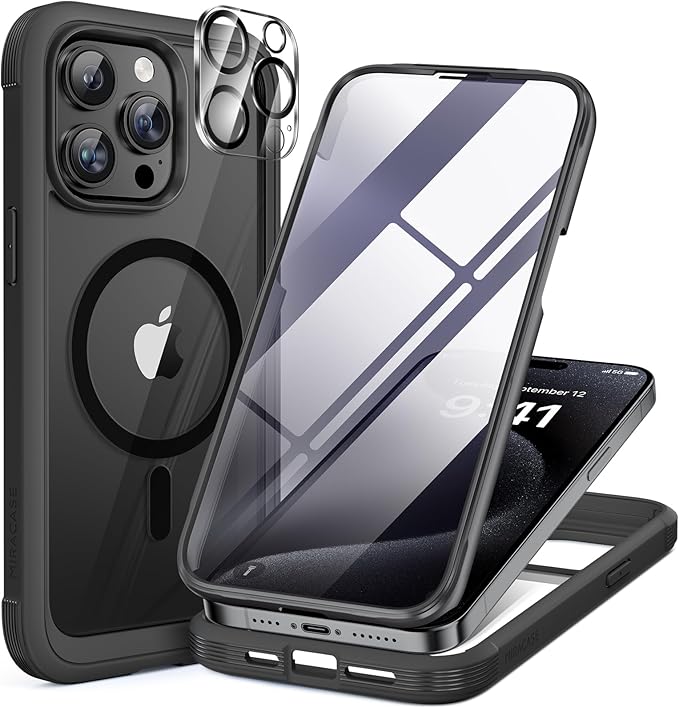 Miracase Magnetic for iPhone 12 Pro Max Case [Compatible with MagSafe] Full-Body Phone case with Built-in Glass Screen Protector& Camera Protector, Military Drop Proof 12 Pro Max Cover, Black