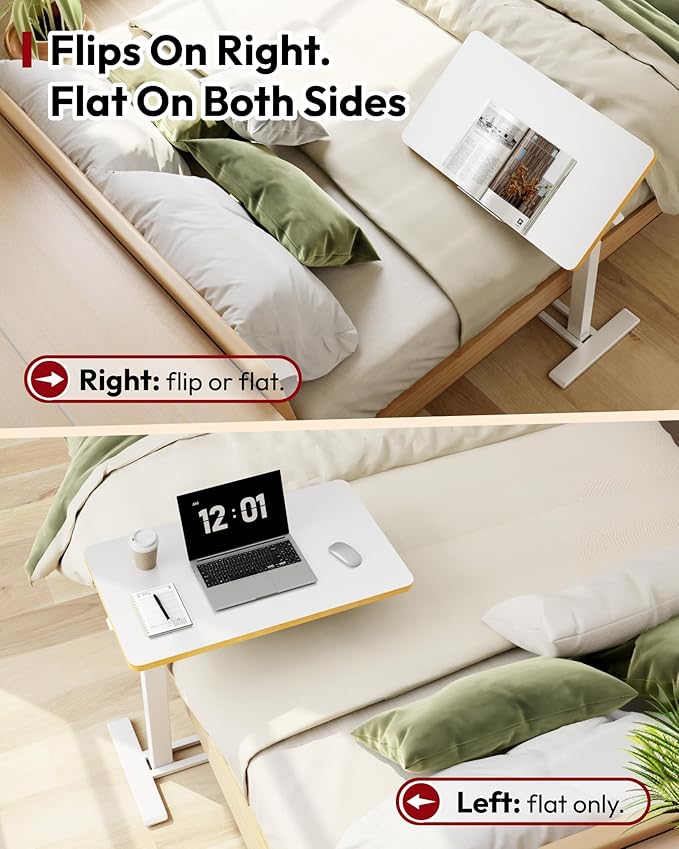 SANODESK Medical Adjustable Overbed Bedside Table with Casters 90° Tilt Top Pneumatic Mobile Rolling Laptop Computer Standing Desk Cart with Tray, Hospital and Home Use(31.5" W x 17.7" D, Maple)