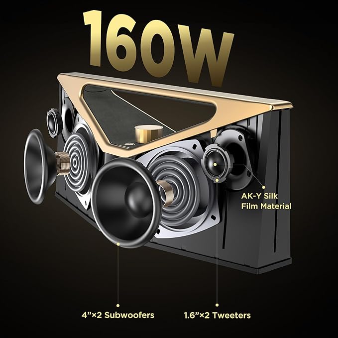 BUGANI Bluetooth Speaker Loud 160W,Waterproof Large Bluetooth Speaker Subwoofer Hi-Res Audio, 12H Playtime Party Outdoor Speakers for Camping, Beach, Golden