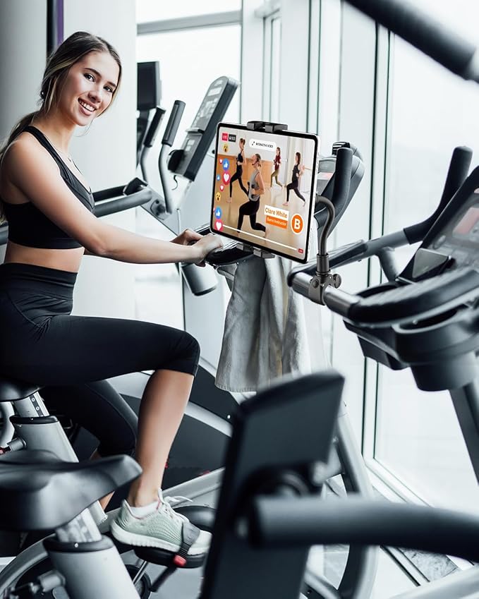 woleyi Gooseneck Tablet Holder for Spin Bike, Peloton Tablet Mount Exercise Bike Handlebar Stand for Stationary Bicycle, Treadmill, Stroller, Elliptical for iPad Pro Air Mini, Galaxy, 4.7-13" Devices