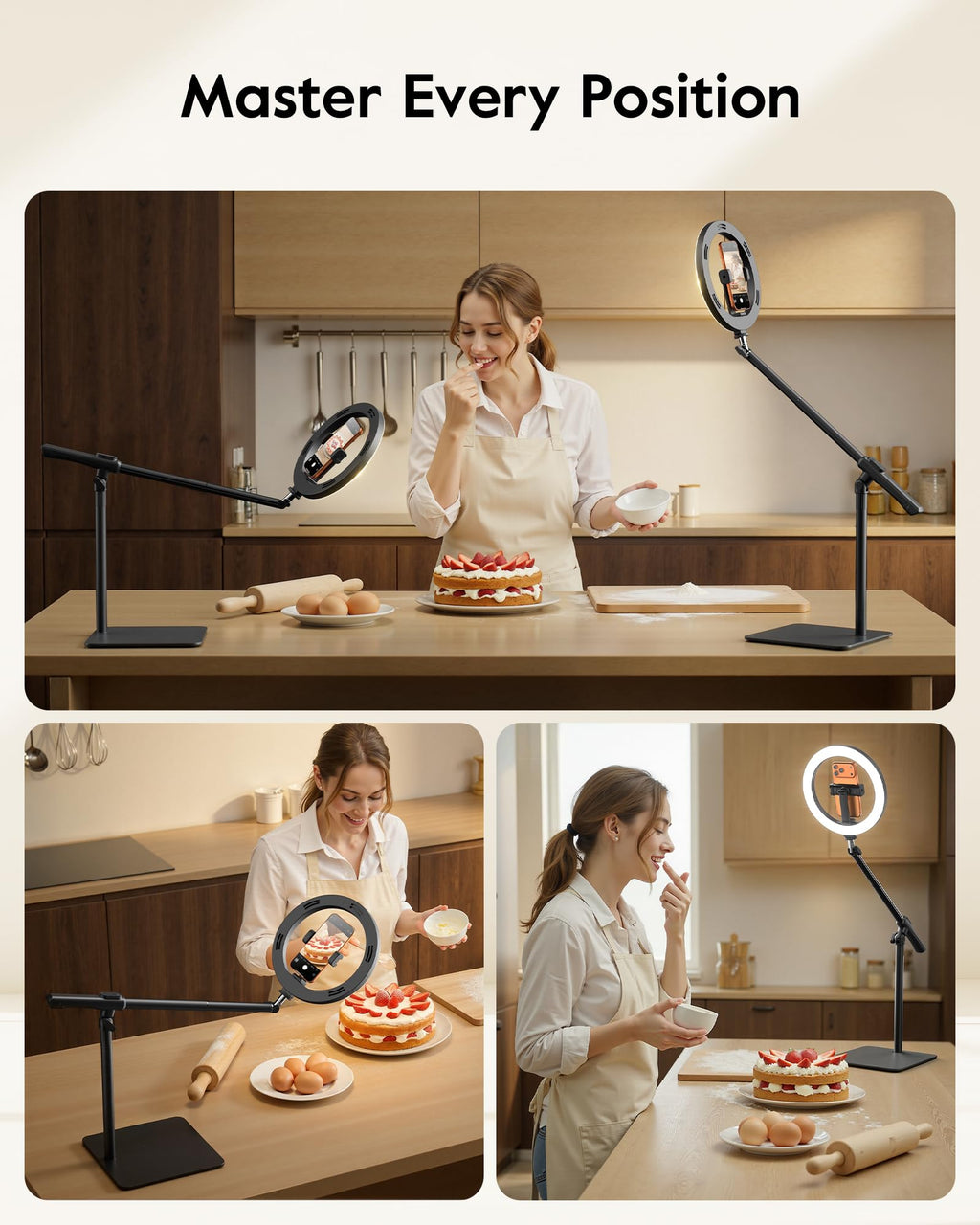 LUXSURE Ring Light with Stand for Desk,Adjustable Overhead Phone Mount with 10" Selfie Light Phone Tripod with Ring Light and Remote, Phone Stand with Light for Video Recording,Live Stream,Cooking