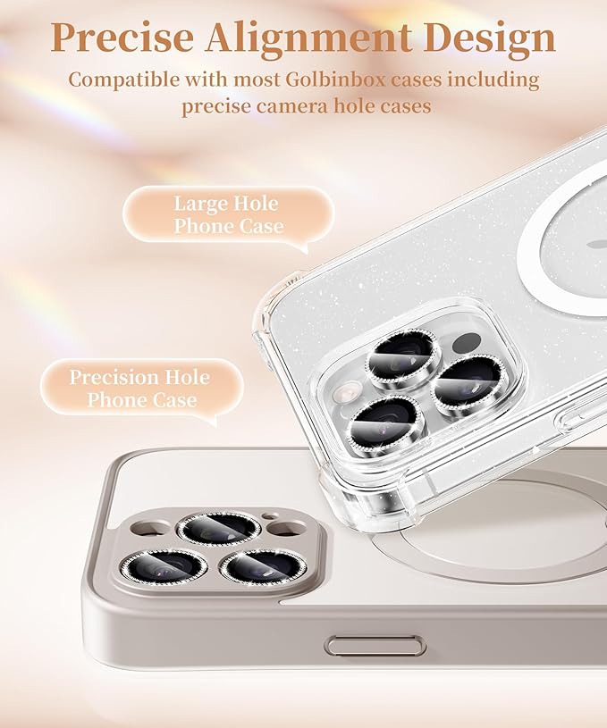 GolbinBox Camera Lens Protector for iPhone 16 Pro Max/16 Pro, 1:1 Invisible Fit, 9H Tempered Glass Ultra HD Metal Individual Camera Cover Screen Protectors for Women, Case Friendly, Bling/Sliver