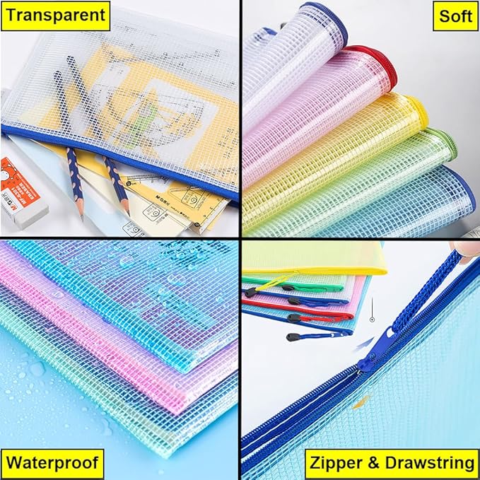 AUSTARK 10 Pcs Zipper File Bags, Waterproof Plastic Mesh Pouch for Office School, Board Game Storage Bags (A5 Size 9.2''x6.7'', Multicolored)