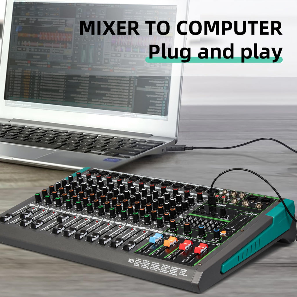 Depusheng PA12 Professional Audio Mixer Sound Board Console Desk System Interface 12 Channel Digital USB Bluetooth MP3 Computer Input 48V Phantom Power Built-in 256 Reverb Effect, Black