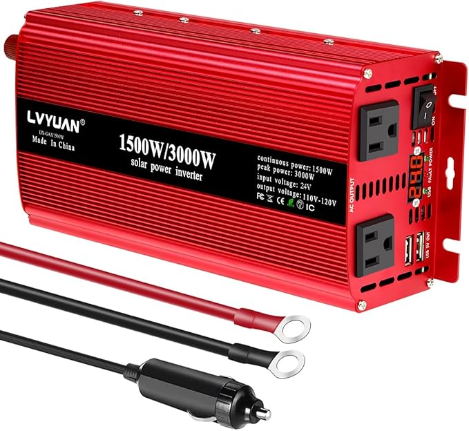LVYUAN 1500W Car Power Inverter 24V to 110V DC to AC with 2 US Sockets, Cigarette Lighter, LED Display, USB Ports for Car, Home,Truck, Outdoor, Camping