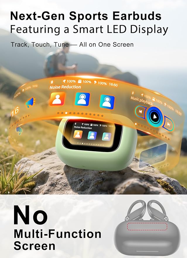 Wireless Earbuds, ANC Noise Cancelling Sport Ear Buds with Multifunctional Touch Screen, Bluetooth 5.4 Headphones, Bass Stereo Sound, 5 EQ Over The Ear Earbuds for Sports/Workout/Gym-Green