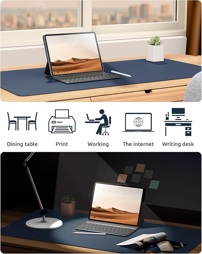 YSAGi Leather Desk Protector, Office Mat, Large Mouse Mat, Non-Slip PU Leather Blotter, Laptop Pad, Waterproof Writing Pad for Office and Home (Dark Blue, 35.4" x 17")
