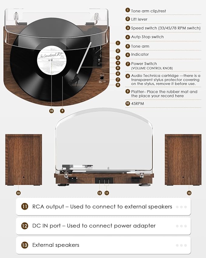 Vinyl Record Player with Dual Stereo Speakers, Belt Drive Turntable with Bluetooth Input 3 Speed Playback AT-3600L Cartridge RCA Out Vintage Turntable