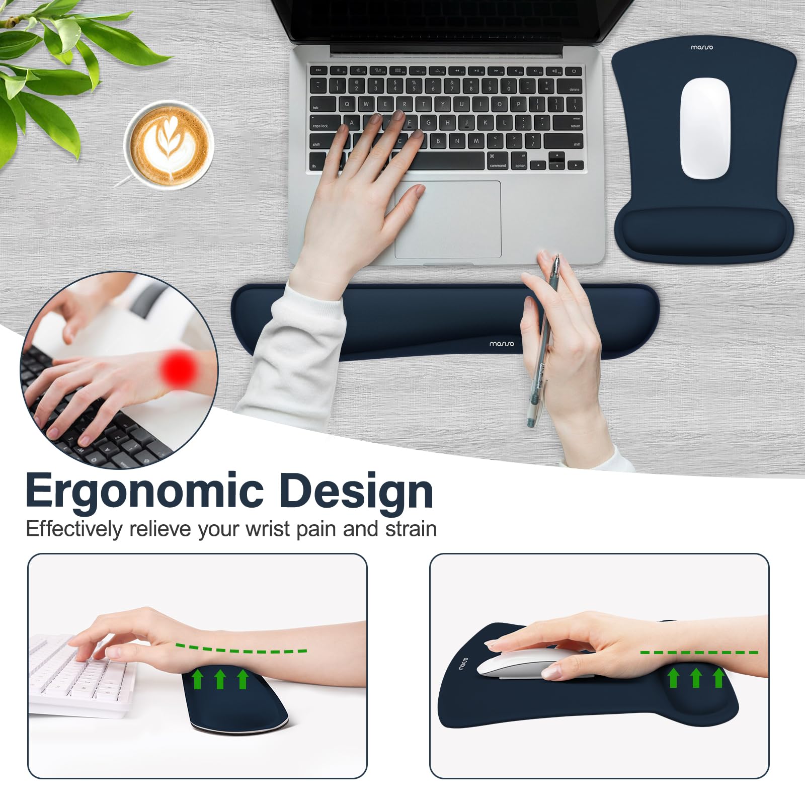 MOSISO Wrist Rest Support for Mouse Pad & Keyboard Set, Ergonomic Mousepad Non-Slip Base Home/Office Pain Relief & Easy Typing Cushion with Neoprene Cloth & Raised Memory Foam, Haze Blue