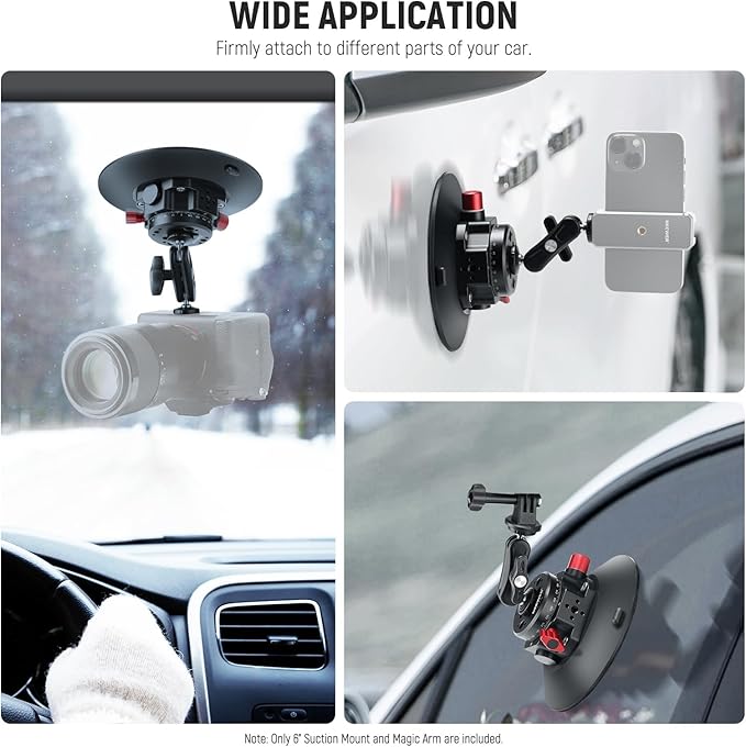 NEEWER 6" Suction Cup Camera Mount with Ball Head Magic Arm, 2 Pack Metal Car Mount for Camera/Action Camera/Phone, Air Pump Vacuum on Car or Window Glass with 1/4" 3/8" ARRI Mounting Holes, CA013
