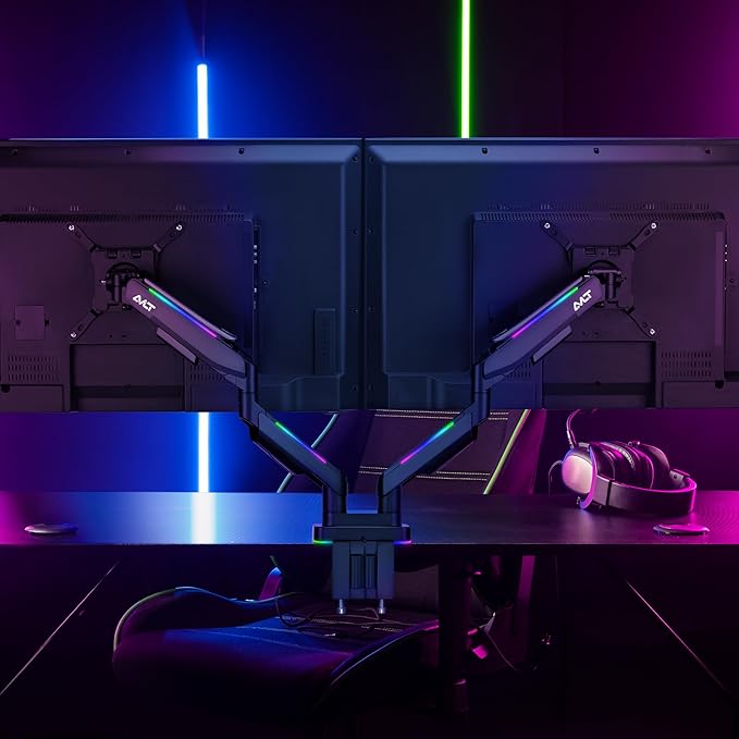 AVLT RGB Lights Dual 17”-43” Gaming Monitor Arm Desk Mount, Fits Two Flat/Curved/Ultrawide Screen up to 44lbs(20kg), Height Swivel Tilt Adjustable Stand - Black