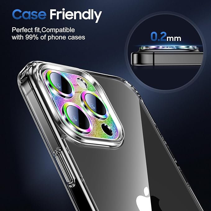 UniqueMe for 3 Pack iPhone 15 Pro/iPhone 15 Pro Max Camera Lens Protector, [Drop Protection] [Case Friendly] Camera Cover Screen [Update New Version] - Intergrated Glitter Colorful