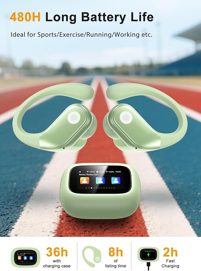 Wireless Earbuds, ANC Noise Cancelling Sport Ear Buds with Multifunctional Touch Screen, Bluetooth 5.4 Headphones, Bass Stereo Sound, 5 EQ Over The Ear Earbuds for Sports/Workout/Gym-Green