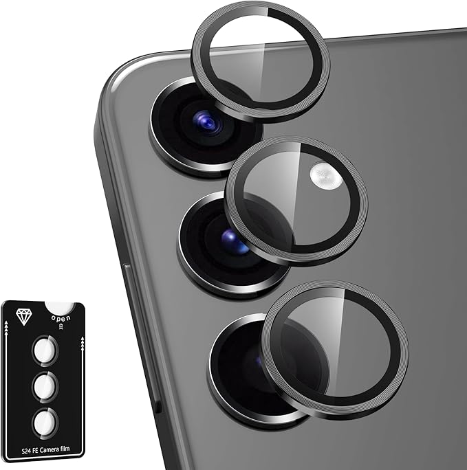 for Samsung Galaxy S24 FE Camera Lens Protector, Individual Metal Ring Tempered Glass Lens Cover, [Strong Adsorption] Scratch Resistant Ultra-Thin HD Clear Lens Cover, 1 Set-Black