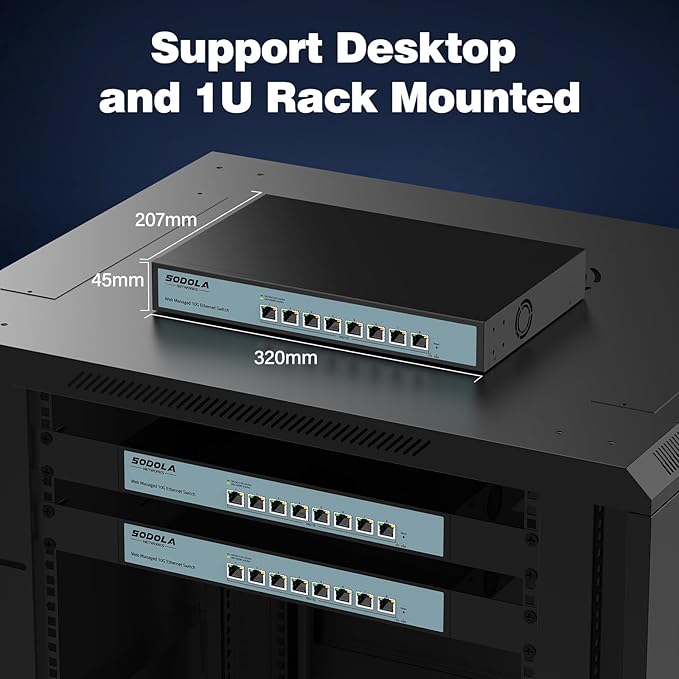 SODOLA 8 Port 10Gb Easy Web Managed Switch, 8 x 10G RJ-45 Ports, 160Gbps Bandwidth, Support LACP, VLAN, QoS, 10G/5G/2.5G/1000M/100M Auto-Negotiation, Multi-Gigabit Managed Ethernet Switch